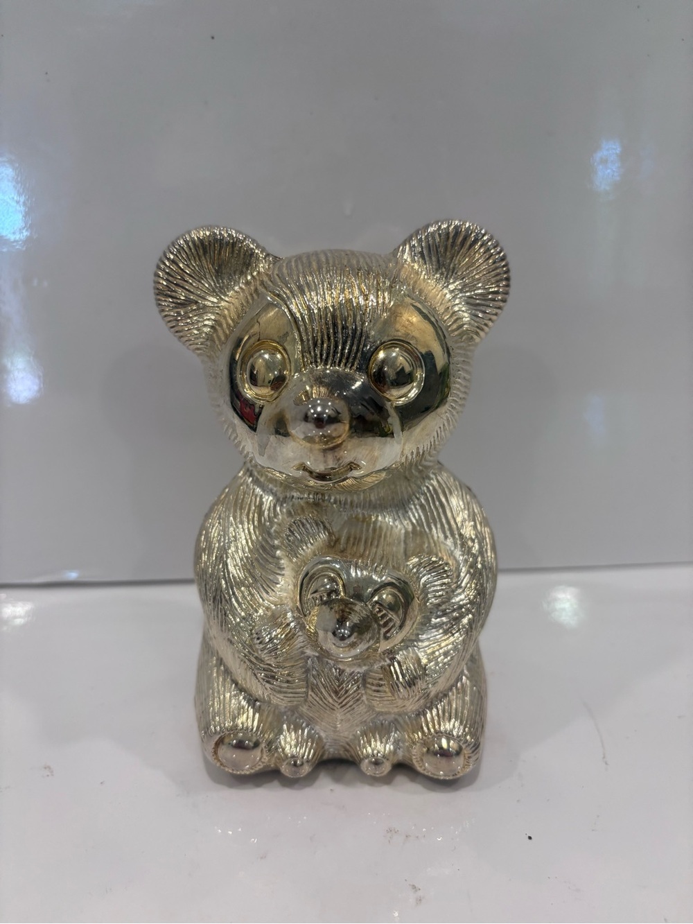 Vintage Elegance Silver Plated Zinc Teddy  Baby Bear Piggy Coin bank 5”
